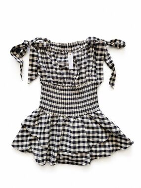 Olivaceous Black and Cream Gingham Off-Shoulder Mini Dress